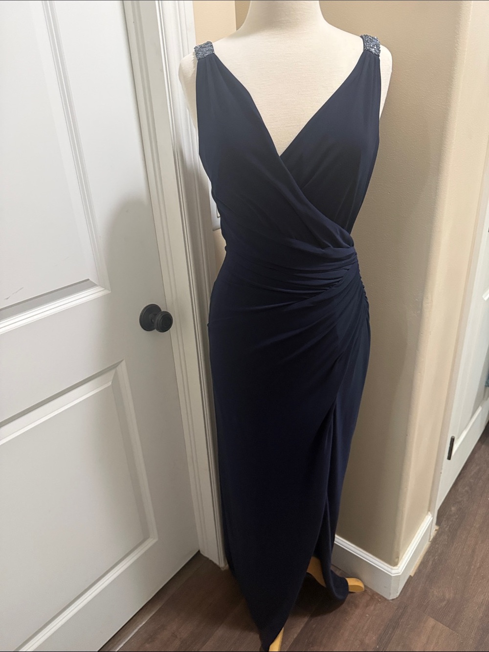 NWOTLauren Ralph Lauren Navy V-Neck Ruched Maxi Dress with Embellished Shoulders